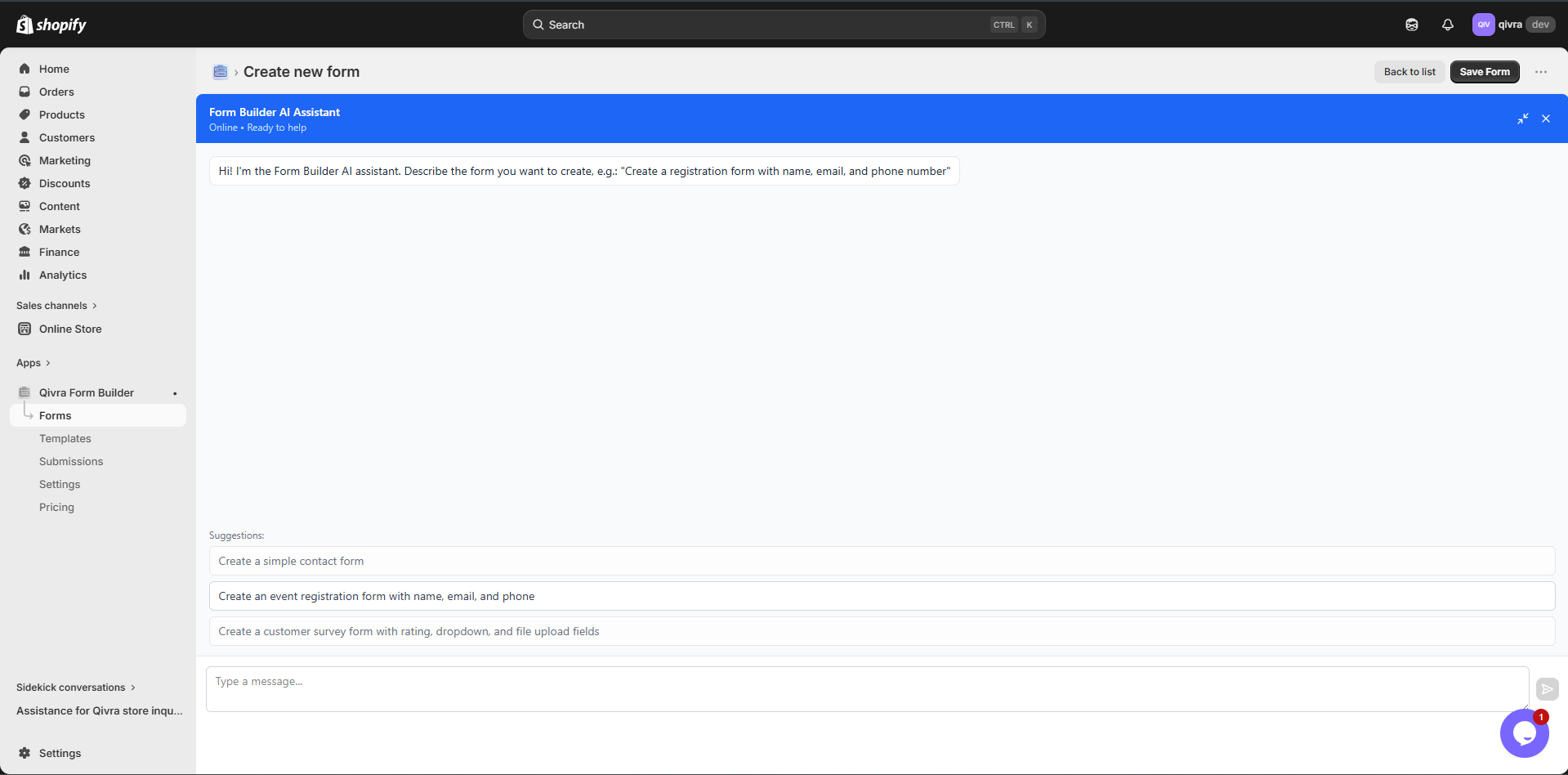 Create new form width AI