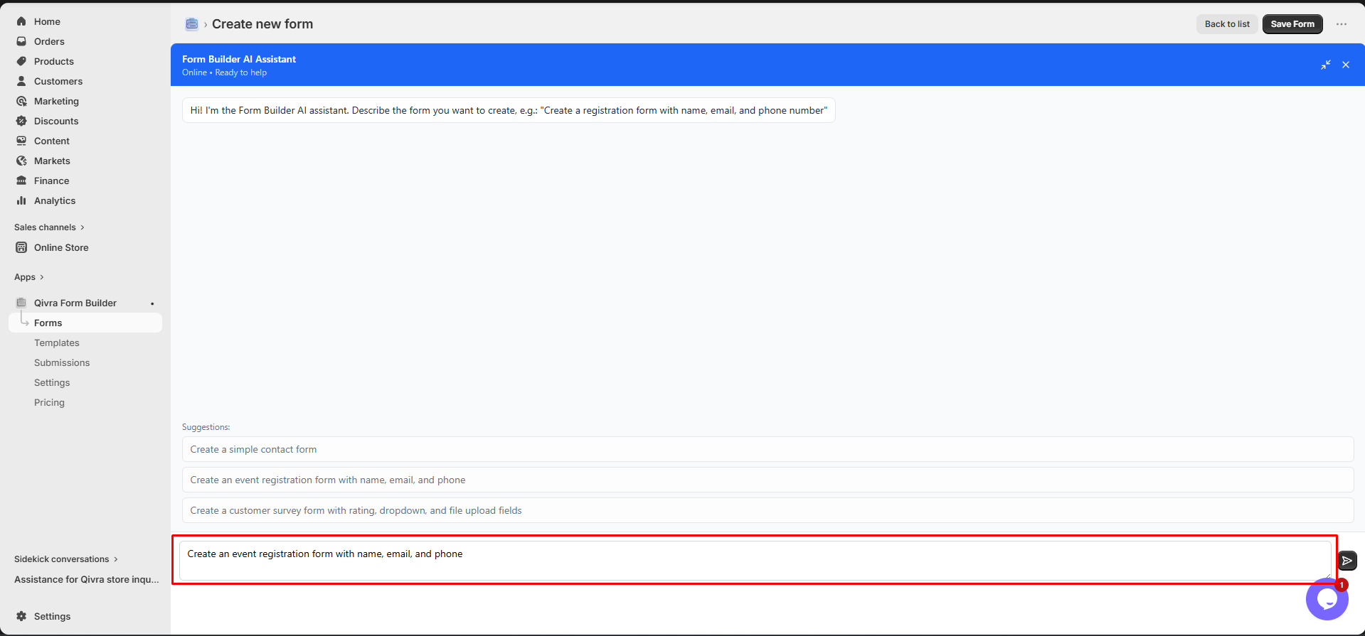 Create new form width AI