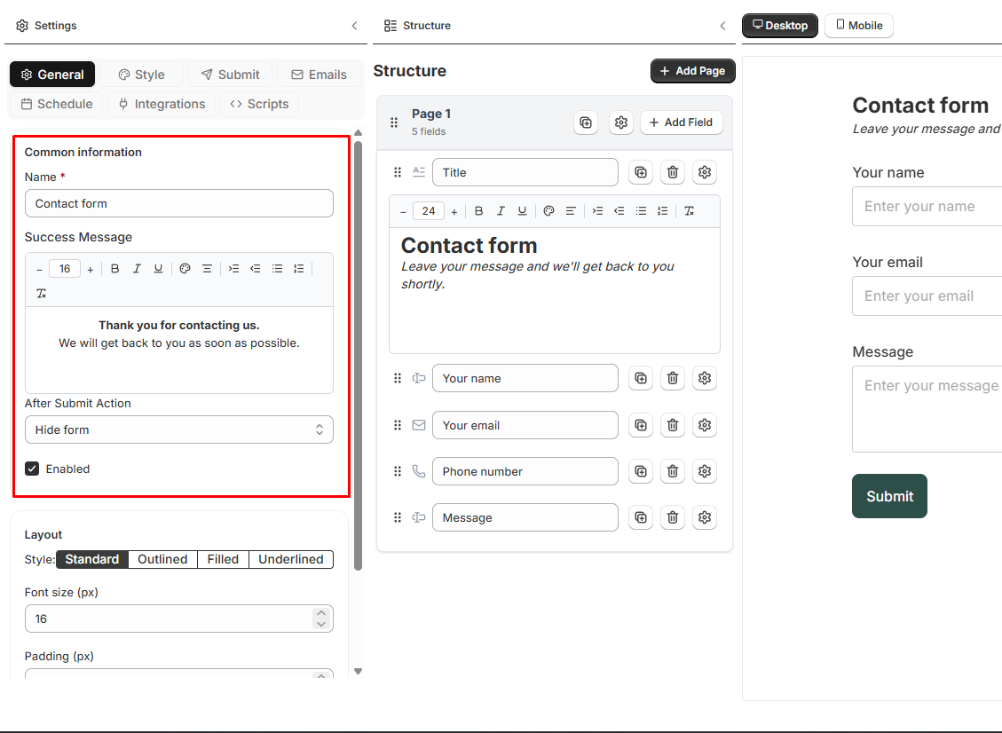 Form Settings